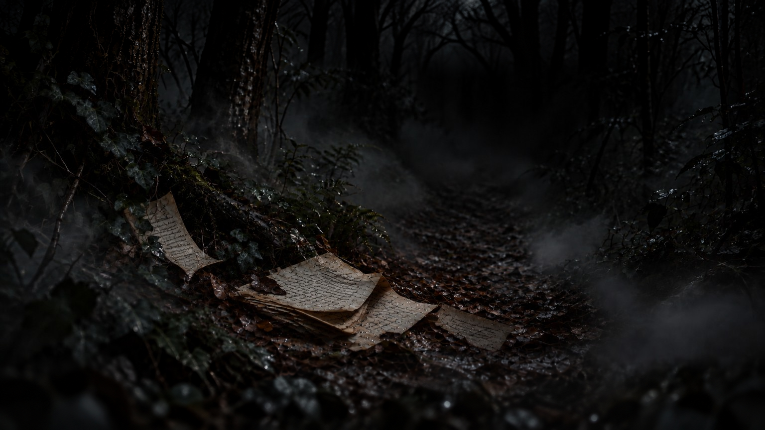 Handwritten manuscript pages scattered along a foggy forest path at night
