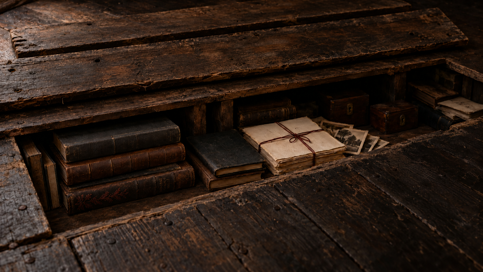 Old leather books and letters tied with red string hidden beneath dark floorboards